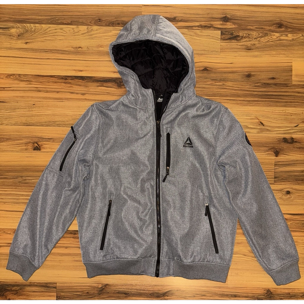 Reebok Men’s XL Hooded Softshell Jacket Gray Fleece Lined Zip Pockets